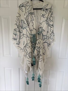 Anthropologie Ivory Floral Fringe poncho with Teal Tassels